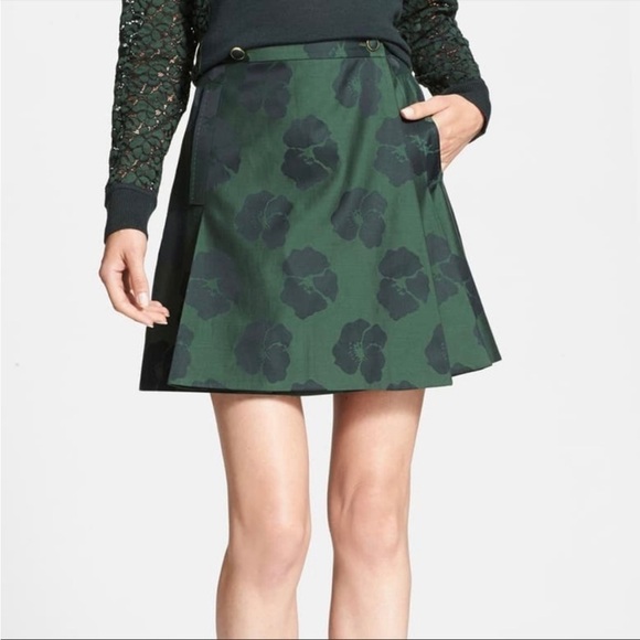 Tory Burch Karina Jacquard Douglas Fir Skirt Green Black Floral cotton silk Sz 2